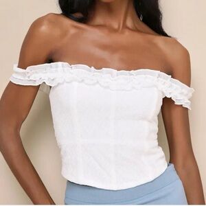 Lulu's White Fitted Ruffled off the shoulder Crop Top